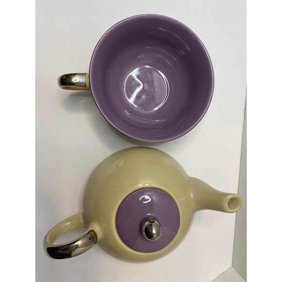 Porcelain Tea Mixed Colors Tan & Purple Glazed Teapot Teacup - Picture 5 of 8